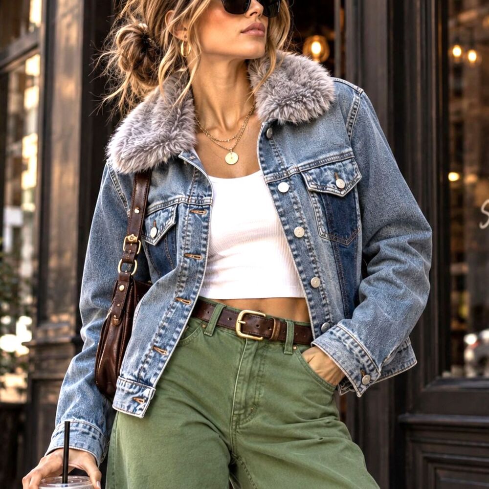 Buffalo David Bitton Nicci Y2K Patchwork Denim Jacket Detachable Faux Fur Small